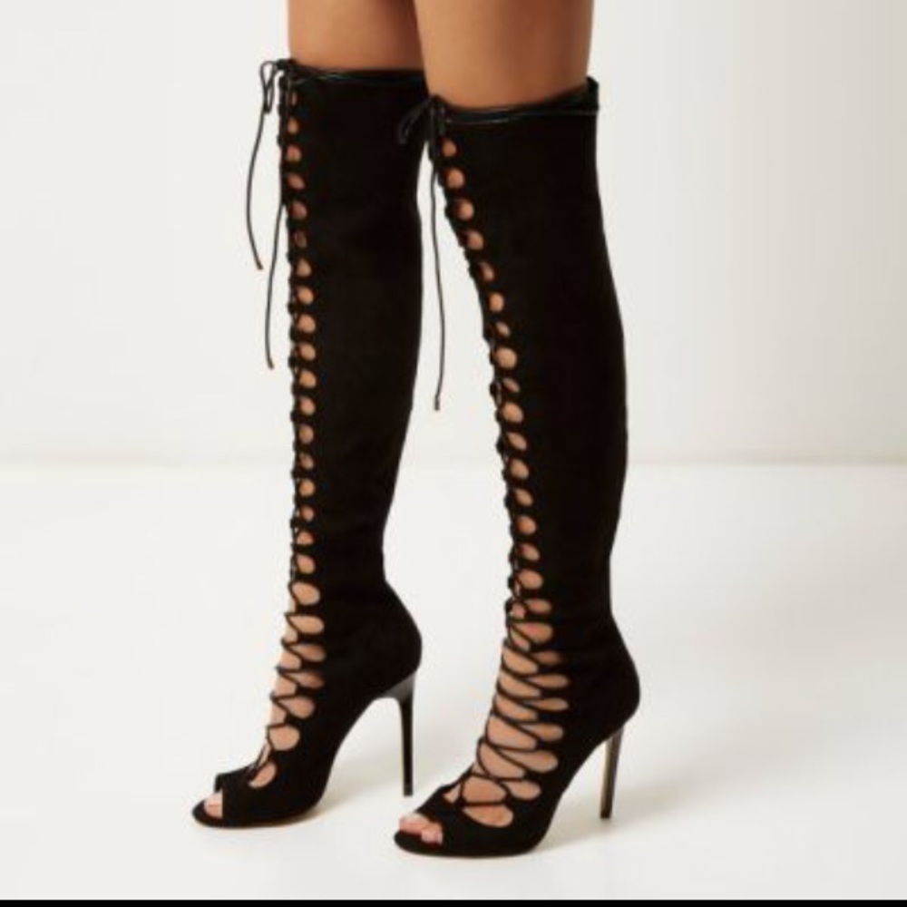 Over The Knee Faux Suede Black Lace Up Boots